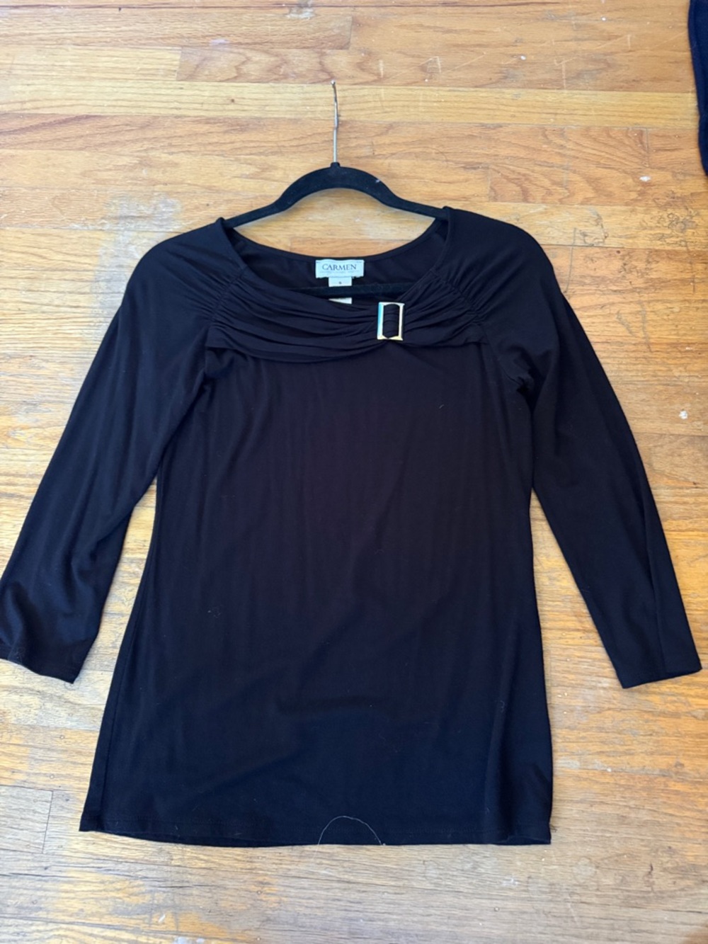 Carmen Marc Valvo Black 3/4 Sleeve Buckle Neck Tunic-Size S Rayon/Spandex